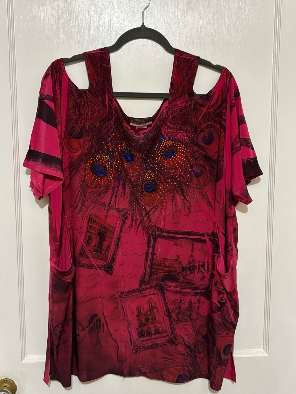 Madeline Hot Pink Cold-Shoulder Tunic with Peacock Feather Motif